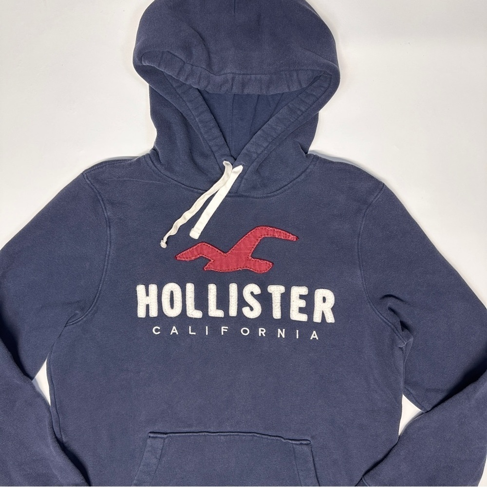 Vintage Hollister Appliqué Logo Blue Hoodie Casual Surfer Cali Beach Men’s Med - Picture 3 of 14